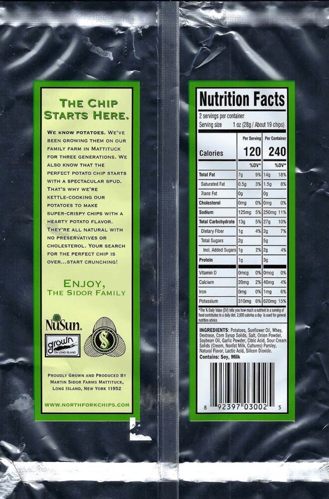Sour Cream and Onion Nutritional Facts 2oz Bags