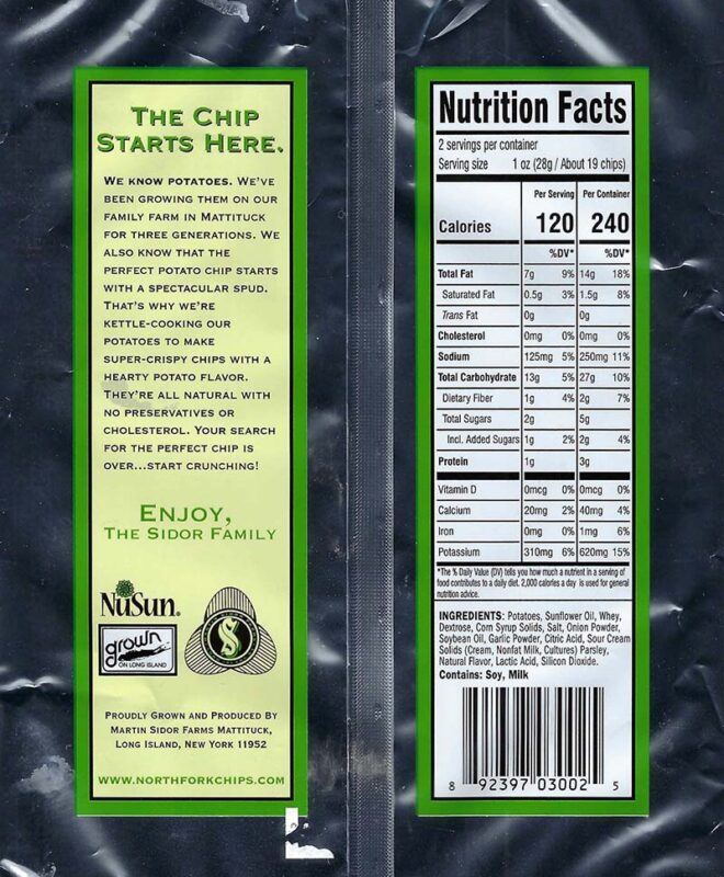 Sour Cream and Onion Nutritional Facts 2oz Bags
